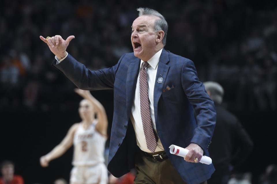 Texas coach Vic Schaefer shouts to players during the first half of the team's Elite Eight college basketball game against North Carolina State in the women's NCAA Tournament, Sunday, March 31, 2024, in Portland, Ore. (AP Photo/Steve Dykes)