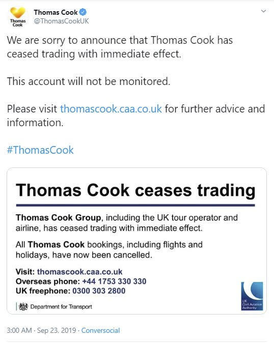 A screengrab taken from the twitter account of travel agent Thomas Cook announcing that tour operator has ceased trading with immediate effect after failing in a final bid to secure a rescue package from creditors Monday Sept. 23, 2019. British tour company Thomas Cook collapsed early Monday after failing to secure emergency funding, leaving tens of thousands of vacationers stranded abroad. (AP Photo)