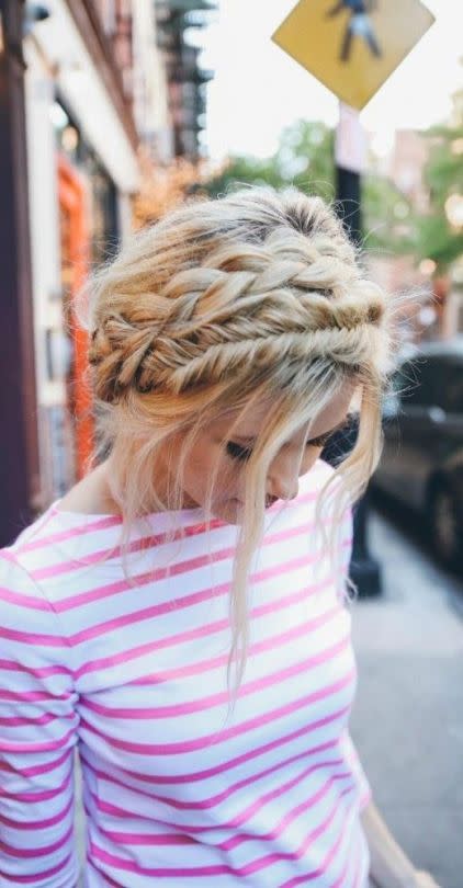 <p>Go for a cute look by plaiting your hair and then pinning them up to create this fancy crown look. <i><a href="https://uk.pinterest.com/pin/531495193504171633/" rel="nofollow noopener" target="_blank" data-ylk="slk:[Photo: Pinterest];elm:context_link;itc:0;sec:content-canvas" class="link ">[Photo: Pinterest]</a></i></p>