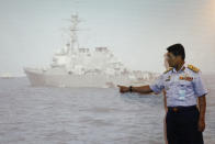 <p>Malaysian Maritime Director Indera Abu Bakar points the damage of USS John S. McCain shown on a screen during a press conference in Putrajaya, Malaysia, Aug. 21, 2017. The U.S. Navy said the USS John S. McCain arrived at Singapore’s naval base with “significant damage” to its hull after a collision early Monday between it and an oil tanker east of Singapore. A number of U.S. sailors are missing after the collision, the second accident involving a ship from the Navy’s 7th Fleet in the Pacific in two months. (Photo: Daniel Chan/AP) </p>