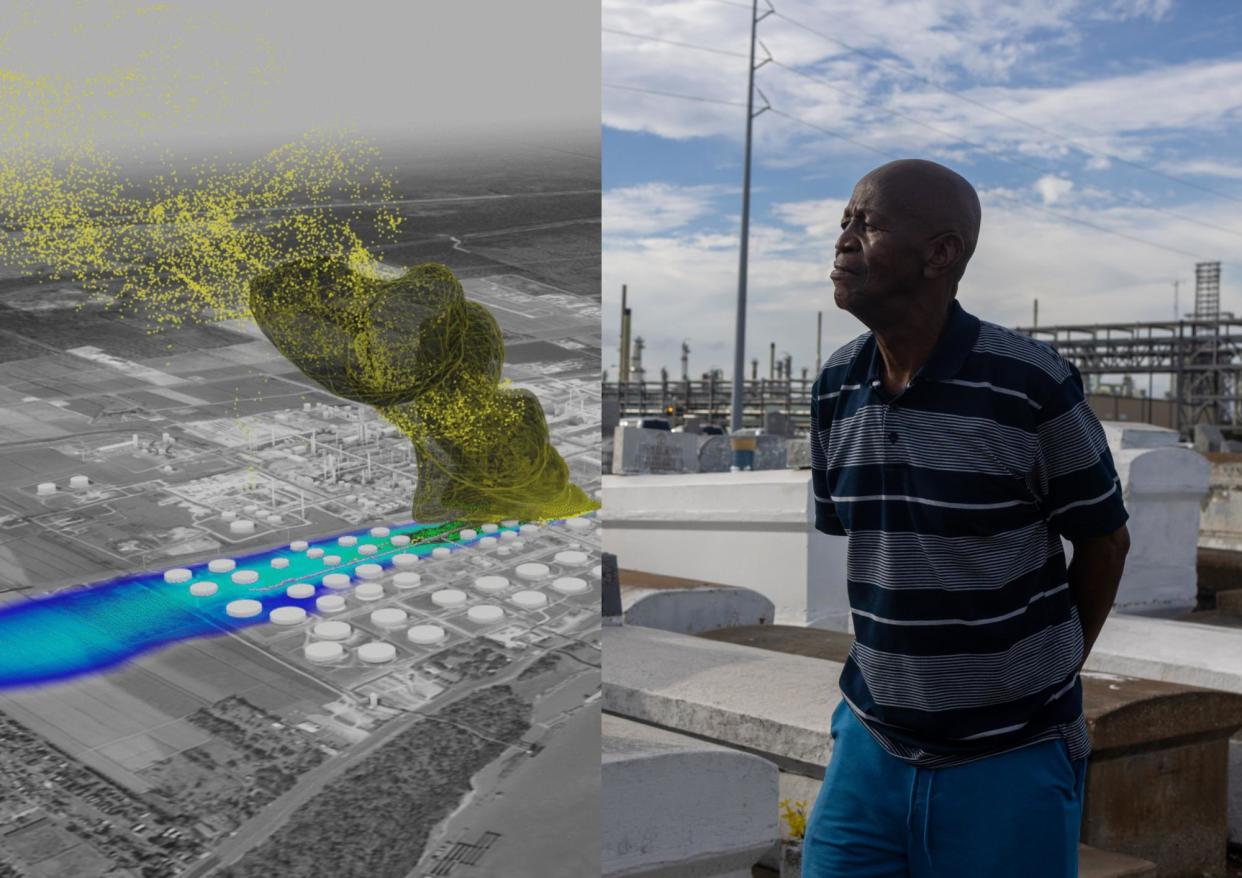 <span>In 2023, a huge fire broke out at a Louisiana refinery – right next to the cemetery where Andrew Sterling’s ancestors are buried.</span><span>Composite: Forensic Architecture, Kathleen Flynn</span>