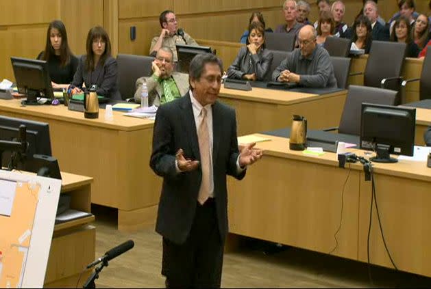 <strong>January 2, 2013</strong> - Opening arguments began in Arias' trial.  Maricopa County Prosecutor Juan Martinez cited the various stories that Arias had told law enforcement before she finally settled on a self-defense motive. Martinez described Alexander's murder as violent and said there were three different ways Alexander could have received a death blow: He was shot, he was stabbed in the heart, and his throat was slit from ear to ear. Alexander also had defensive wounds on his hands, according to Martinez. In wrapping up his opening argument, Martinez played part of a media interview conducted after Arias' arrest, in which she said, "Mark my words, no jury will convict me." Martinez asked the jury to mark Arias' words and concluded his opening statement.  During the defense team's opening argument, lawyer Jennifer Willmott acknowledged that Arias had killed Alexander, but said that the key questions is what motivated her to do it. Willmott alleged Alexander had pressured Arias into having vaginal, anal and oral sex with him. Willmott also said she planned to call to the stand an expert who would testify about how Arias' relationship with Alexander fit the mold of domestic violence. Willmott concluded her opening argument by saying that Alexander had become enraged when Arias dropped his camera and that she had had to defend herself or she would not be alive today.