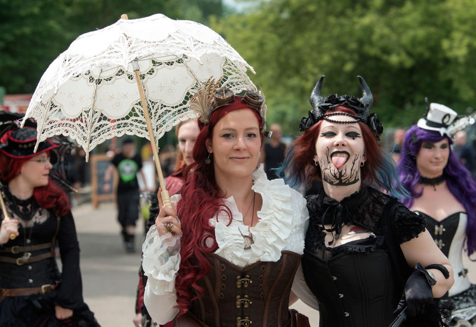 A participant sticks out her tongue