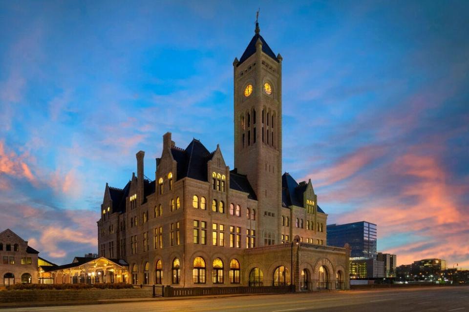 The hotel's clock tower features a statue of Mercury, the Roman god of shopkeepers, transporters of goods, and travelers