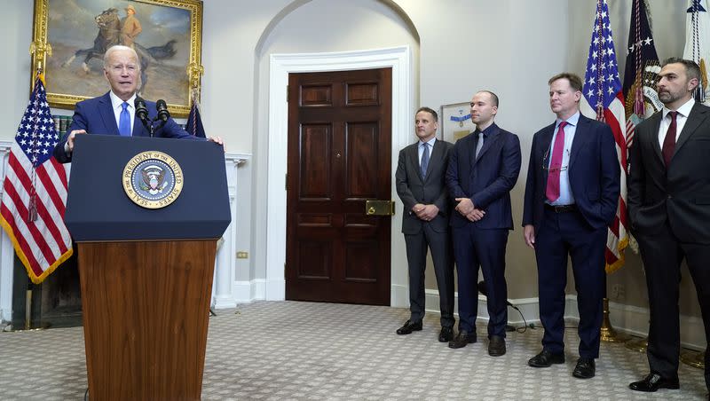 President Joe Biden speaks about artificial intelligence in the Roosevelt Room of the White House on Friday, July 2, 2023, in Washington, as from left, Adam Selipsky, CEO of Amazon Web Services; Greg Brockman, president of OpenAI; Nick Clegg, president of Meta; and Mustafa Suleyman, CEO of Inflection AI, listen.