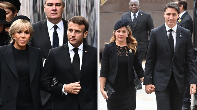 Emmanuel Macron and Justin Trudeau arrive at Westminster Abbey. (Photo: Getty)