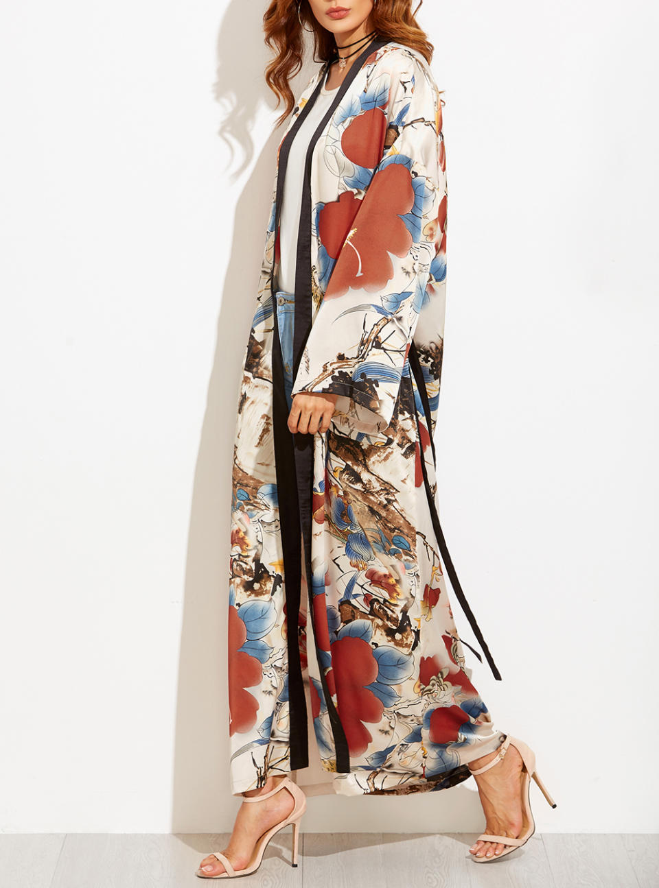 Multicolor Flower Print Contrast Trim Belted Maxi Kimono