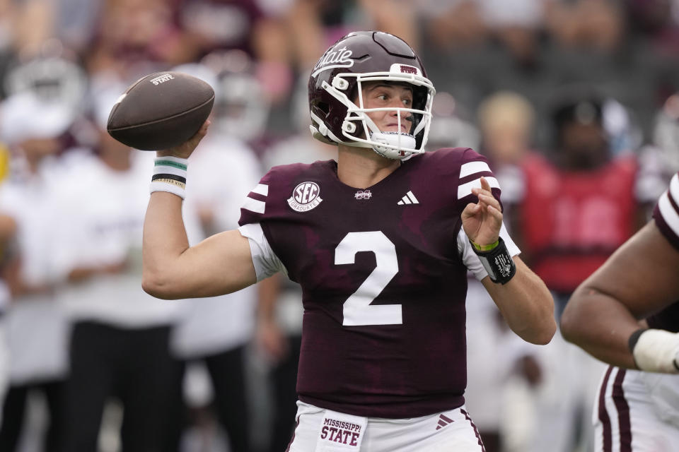 Mississippi State quarterback Will Rogers (2) passes against Southeastern Louisiana during the first half of an NCAA college football game, Saturday, Sept. 2, 2023, in Starkville, Miss. (AP Photo/Rogelio V. Solis)