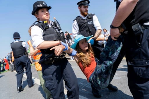 Police carry away a climate change demonstrator in central London as the Extinction Rebellion environmental group called for talks with the government