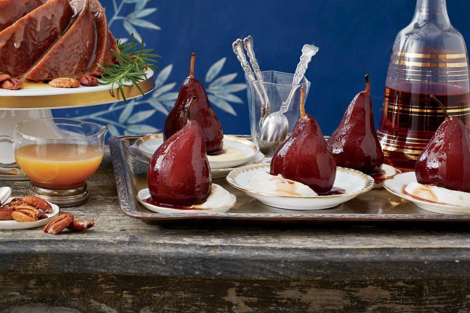 Pomegranate-Poached Pears with Cream