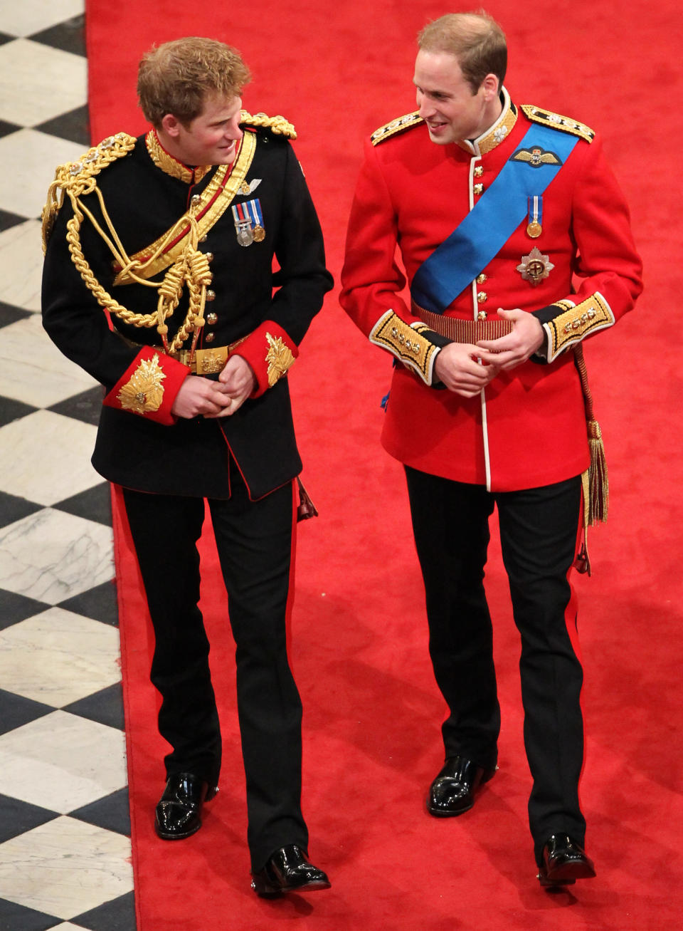 Prince Harry and Prince William at Westminster Abbey, London, for the wedding of William and Catherine Middleton.