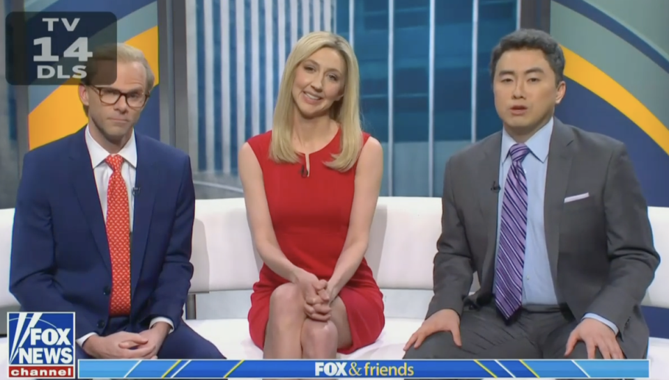 From left: SNL’s Mikey Day, Heidi Gardner and Bowen Yang spoofed Fox & Friends in its latest cold open (NBC)