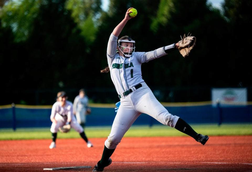 Peninsula’s pitcher Alli Kimball, 1, pitches the ball during the 3A state softball tournament quarterfinals at the Regional Athletic Complex on Friday, May 27, 2022 in Olympia, Wash. Bonney Lake defeated Peninsula 3-2 with a triple play in the seventh inning to win the quarterfinal game.