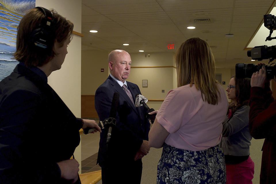 Plaintiff's attorney Rus Rilee speaks to media after a $38 million ruling was awarded to David Meehan in the youth center abuse trial at Rockingham County Superior Court in Brentwood, N.H., Friday, May 3, 2024. The jury found the state liable for abuse at its youth detention center and awarded the sum to Meehan, a former resident who says he was beaten and raped as a teen. (David Lane/Pool Photo via AP)