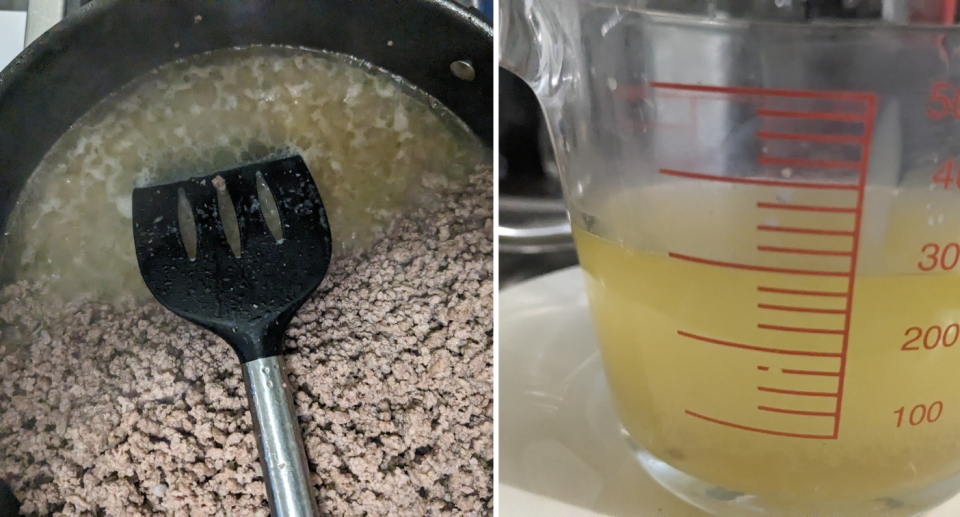 The beef in the pan with more liquid (left) and the measuring jug of liquid (right).