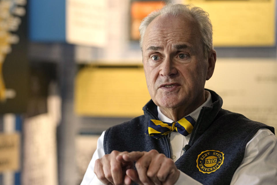 Todd Diacon, president of Kent State University, is pictured during an interview at the May 4 Visitors Center, Wednesday, May 1, 2024, in Kent, Ohio. Kent State University is marking another solemn anniversary of the National Guard shootings that killed four unarmed students and wounded nine others on May 4, 1970. (AP Photo/Sue Ogrocki)