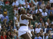 United States' Serena Williams reacts after beating Italy's Giulia Gatto-Monticone in a Women's singles match during day two of the Wimbledon Tennis Championships in London, Tuesday, July 2, 2019. (AP Photo/Ben Curtis)