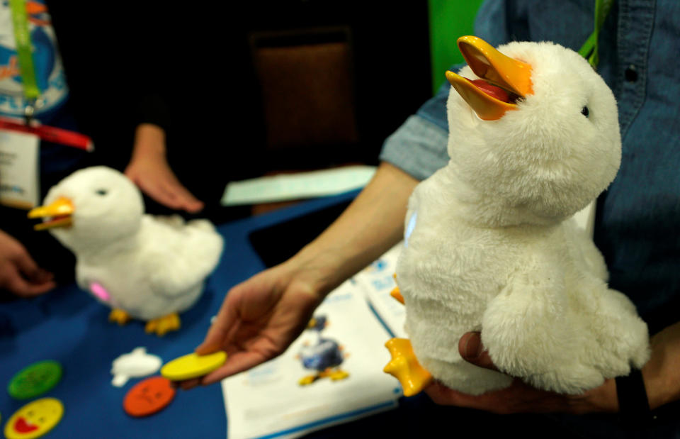 A robotic My Special Aflac Duck, for children facing cancers, is demonstrated at CES in Las Vegas, Nevada, U.S. January 7, 2018. REUTERS/Rick Wilking