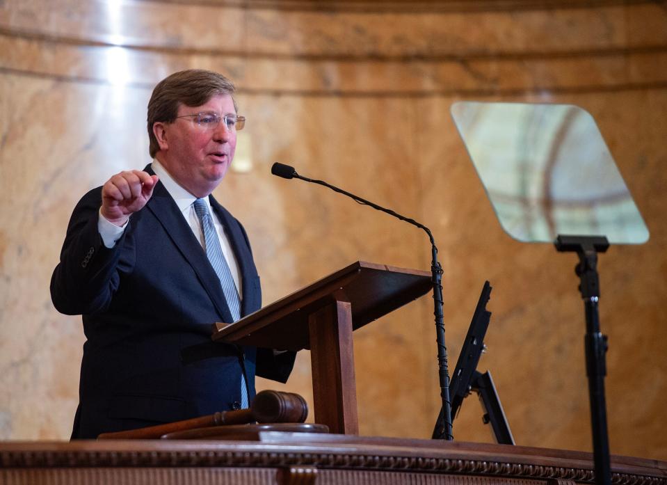 Gov. Tate Reeves addresses legislators during the Mississippi State of the State at the Mississippi State Capitol in Jackson Miss., on Monday, Feb. 26, 2024. Reeves is still publicly opposed to Medicaid expansion.