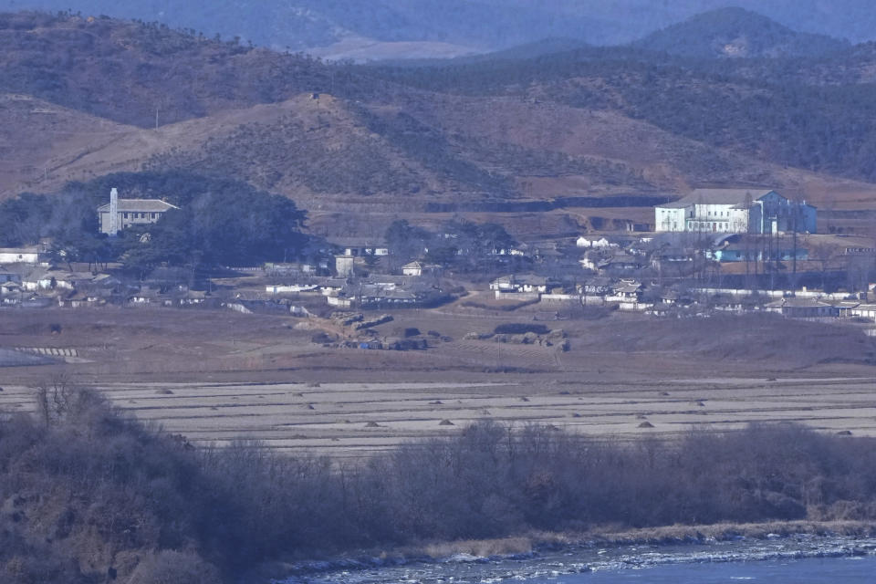 The field of North Korea's Kaepoong town is seen from the Unification Observation Post in Paju, South Korea, near the border with North Korea, on Jan. 27, 2023. North Korea has scheduled a major political conference on Feb. 2023, to discuss the “urgent task” of improving its agricultural sector, a possible sign that the country’s food insecurity is getting worse as its economic isolation deepens amid a defiant nuclear weapons push. (AP Photo/Ahn Young-joon)