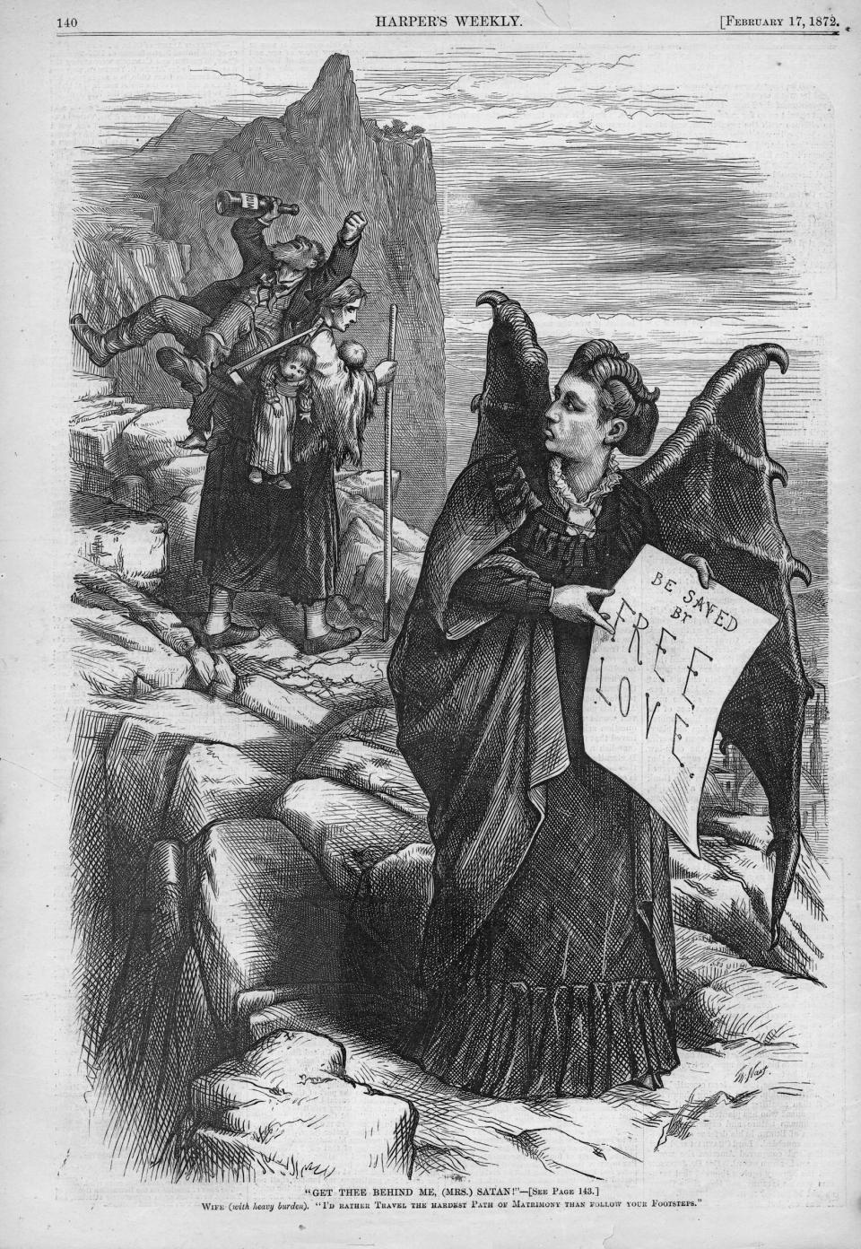 Print depicting suffragist Victoria Woodhull as a winged 'Mrs Satan, illustrated by Thomas Nast, and published in Harper's Weekly for the American market, 1872. | Ken Florey Suffrage Collection/Getty Images