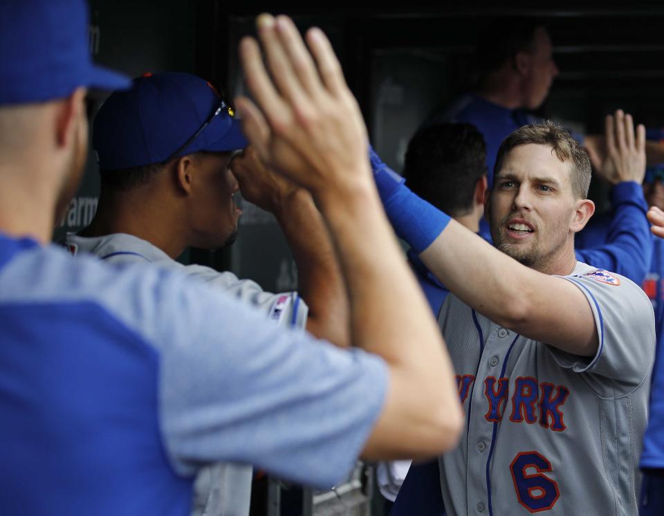 Jun 21, 2019; Chicago, IL, USA; New York Mets second baseman Jeff McNeil (6) celebrates after hitting a two-run home off Chicago Cubs starting pitcher Yu Darvish (11) during the third inning at Wrigley Field. Mandatory Credit: Jim Young-USA TODAY Sports