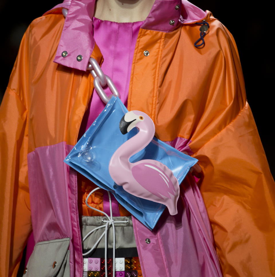 <p>Mary Katrantzou injected some fun into her SS18 collection by showcasing inflatable bags.<em> [Photo: PA]</em> </p>