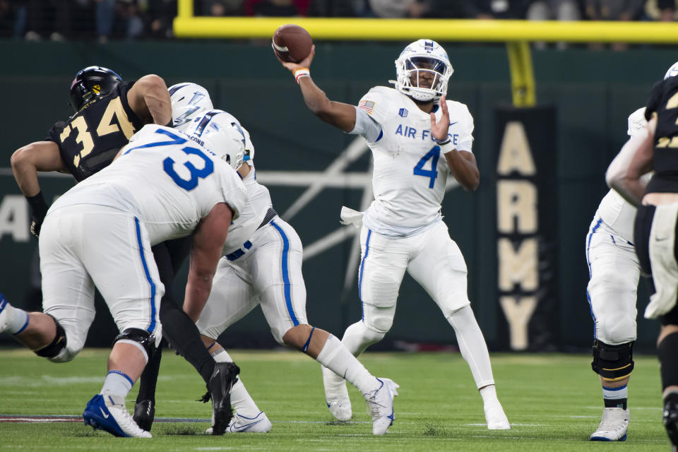 Air Force quarterback Haaziq Daniels (4) throws a pass during an NCAA college football game against Army in Arlington, Texas, Saturday, Nov. 5, 2022. (AP Photo/Emil Lippe)