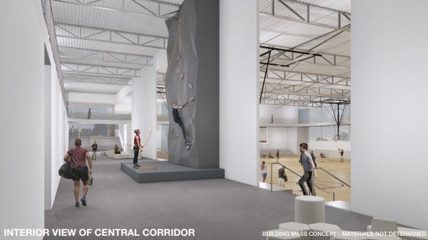 Rendering of the central corridor in the proposed renovated and expanded Coralville Rec Center and Indoor Pool. The space will be shared by the City of Coralville and the Iowa City Community School District.