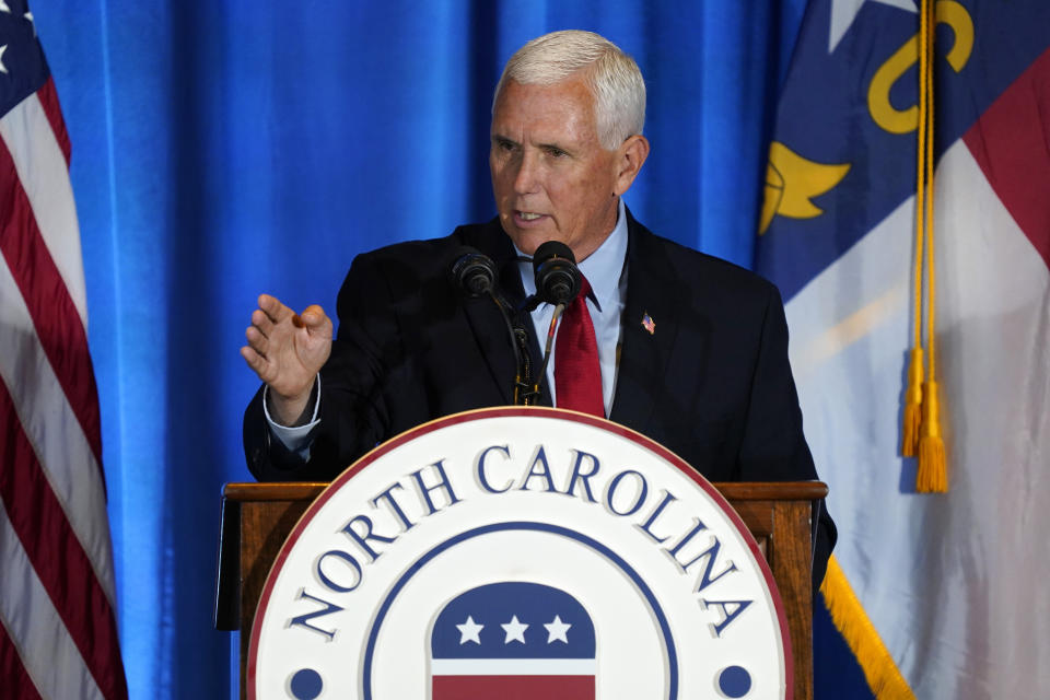 Republican presidential candidate former Vice President Mike Pence speaks during the North Carolina Republican Party Convention in Greensboro, N.C., Saturday, June 10, 2023. (AP Photo/Chuck Burton)