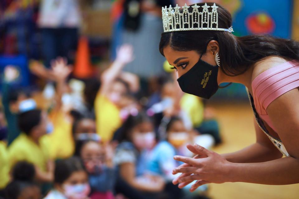 Celinda Ortega, Miss New Jersey USA 2021, gives a speech to students at Community Charter School of Paterson on Tuesday, February 22, 2022.