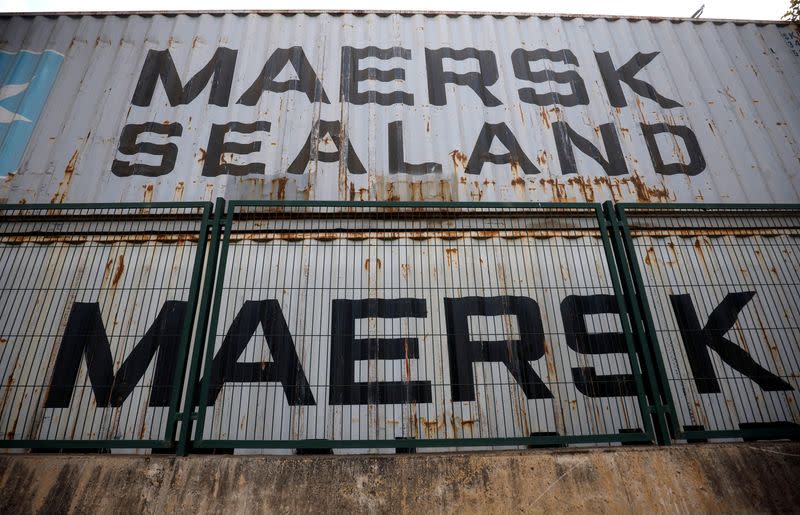Maersk's logo is seen in stored containers at Zona Franca in Barcelona
