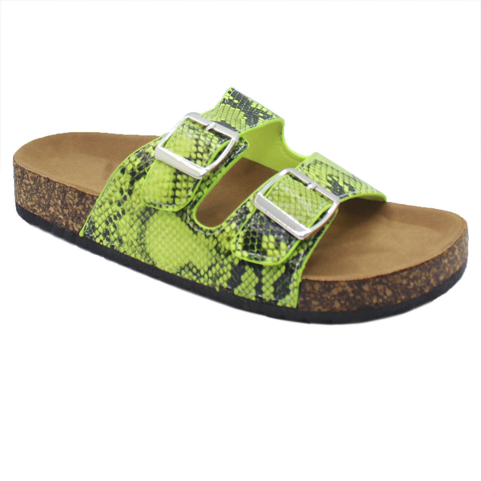 Let your shoes do all the talking with this pair of eye-catching slides, which feature a fun snakeskin print and just the right pop of neon green. <br /><br /><strong><a href="https://yhoo.it/2YUW0qs" target="_blank" rel="noopener noreferrer">SNJ Women&rsquo;s Casual Buckle Straps Sandals, $19.99</a></strong>