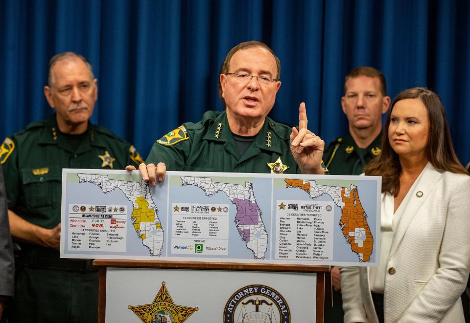 Polk Sheriff Grady Judd and Florida Attorney General Ashley Moody speak during a news conference announcing a new statewide taskforce to combat organized retail theft rings at the Polk County Sheriff's Operation Center in Winter Haven on Thursday.