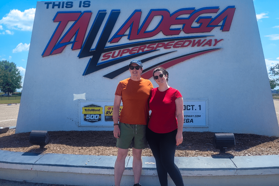 Jaymi at the Talladega Superspeedway in Alabama, part of their USA road trip through Alabama