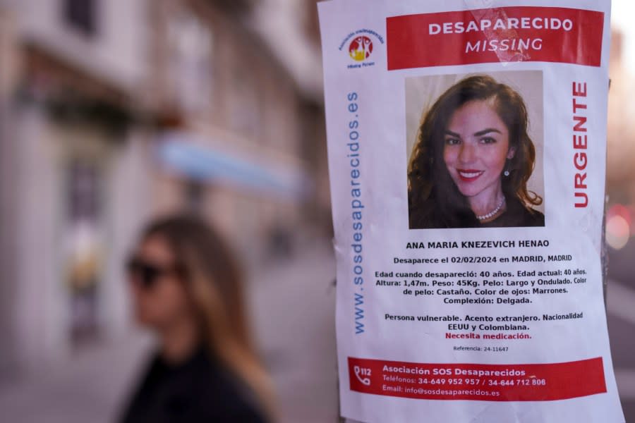 A banner of a Colombian-born American missing woman Ana Maria Knezevich Henao, 40, is displayed on a streetlight in Madrid, Spain, Friday, Feb. 16, 2024. Spanish police are looking for an Colombian-born American woman who has been reported missing in Madrid since early February. A police spokeswoman said a friend of Ana Maria Knezevich Henao, 40, filed a a missing persons complaint in a Madrid city center station on Feb. 4. (AP Photo/Manu Fernandez)