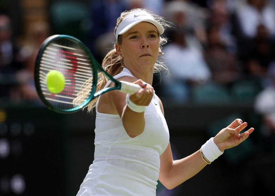 Tennis - Wimbledon - All England Lawn Tennis and Croquet Club, London, Britain - July 4, 2024 Britain's Katie Boulter in action during her second round match against Britain's Harriet Dart REUTERS/Paul Childs