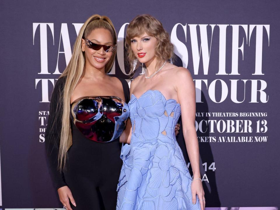 Beyoncé Knowles-Carter and Taylor Swift attend the "Taylor Swift: The Eras Tour" Concert Movie World Premiere on October 11, 2023 in Los Angeles, California.