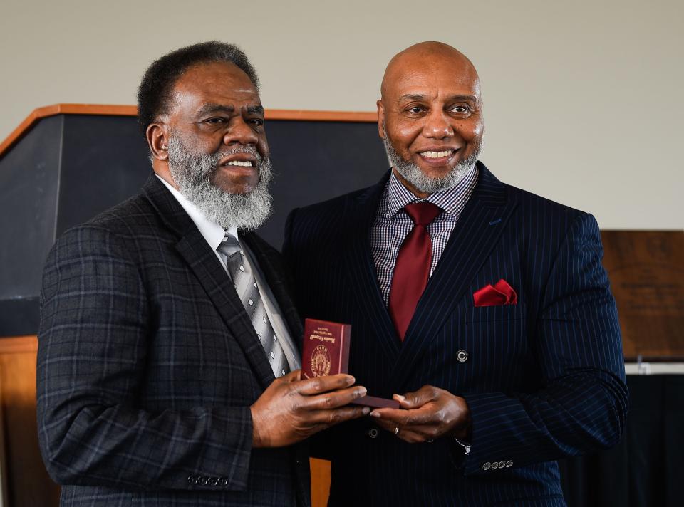 Maurice Fitzgerald accepts his MNPS's Sports Hall of Fame during the induction ceremony at Millennium Maxwell House in Nashville, Tenn., Thursday, April 7, 2022. 