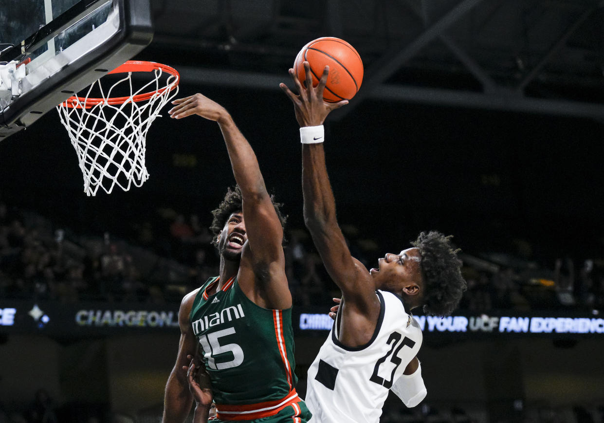UCF forward Taylor Hendricks grabs a rebound against Miami on Nov. 27, 2022, in Orlando. (Andrew Bershaw/Icon Sportswire via Getty Images)
