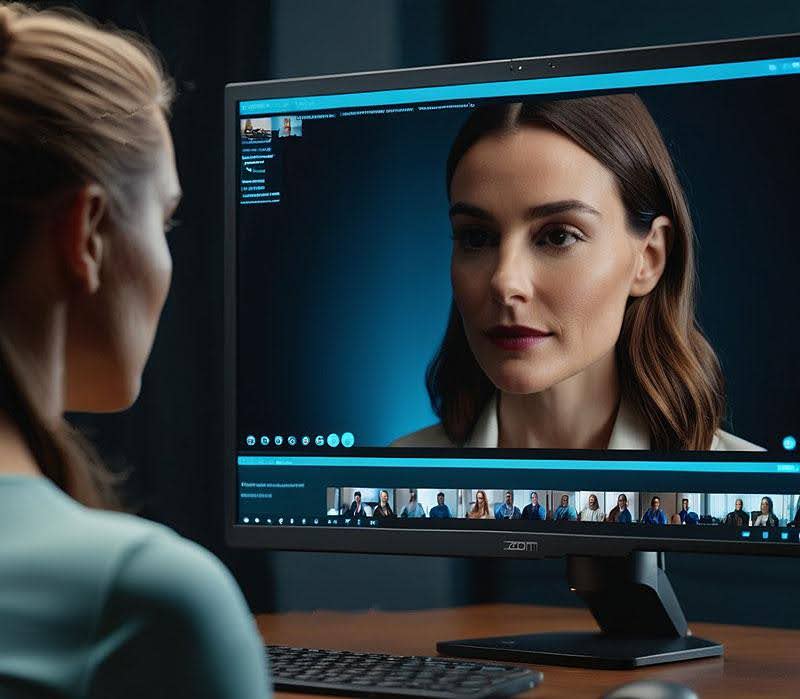 A woman sits at a computer on a video call, with a face that is not hers reflected back at her