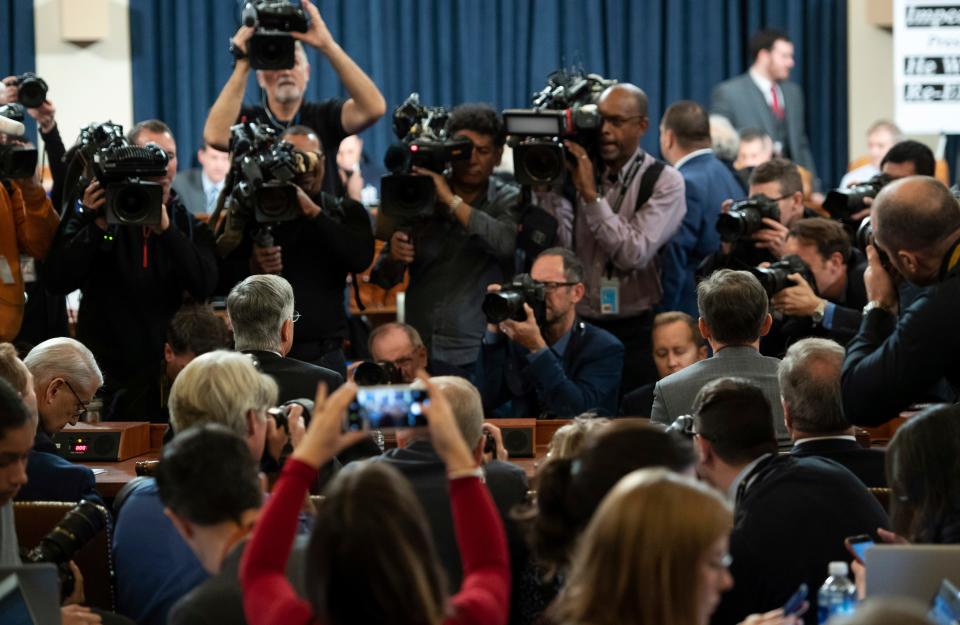 Top U.S. diplomat in Ukraine William Taylor arrives to testify before the House Intelligence Committee on Capitol Hill in Washington on Nov. 13, 2019, during the first public impeachment hearing of President Donald Trump's efforts to tie U.S. aid for Ukraine to investigations of his political opponents.