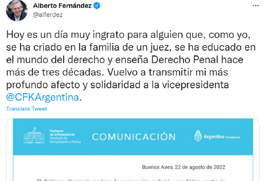 A través de Twitter y al igual que numerosos funcionarios, Alberto Fernández respaldó a Cristina Kirchner.