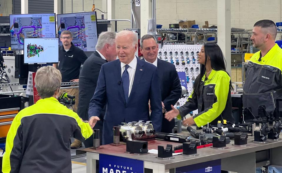 President Joe Biden greets workers at the Volvo Group Trucks powertrain plant Thursday in Hagerstown. Biden toured the plant and spoke to workers.