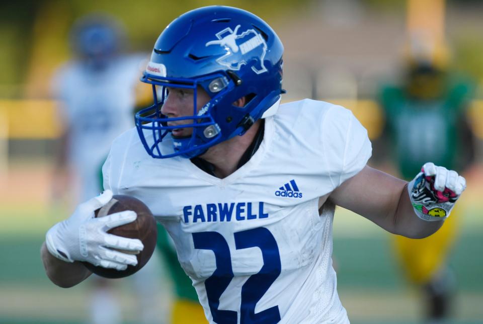 Farwell's Corey Stancell runs with the ball against New Deal, Friday, Aug. 26, 2022, at Noland Stadium in New Deal. Stancell scored a touchdown on the play. 