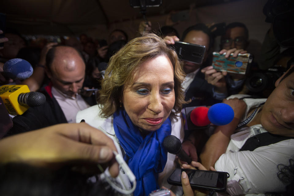 Sandra Torres, presidential candidate of the National Unity of Hope party, UNE, arrives to Electoral Court center in Guatemala City, Monday, June 17, 2019. Torres, a former first lady led early results from Guatemala's presidential election, although a second round of voting is expected to determine who will oversee this Central American nation. (AP Photo/Oliver de Ros)