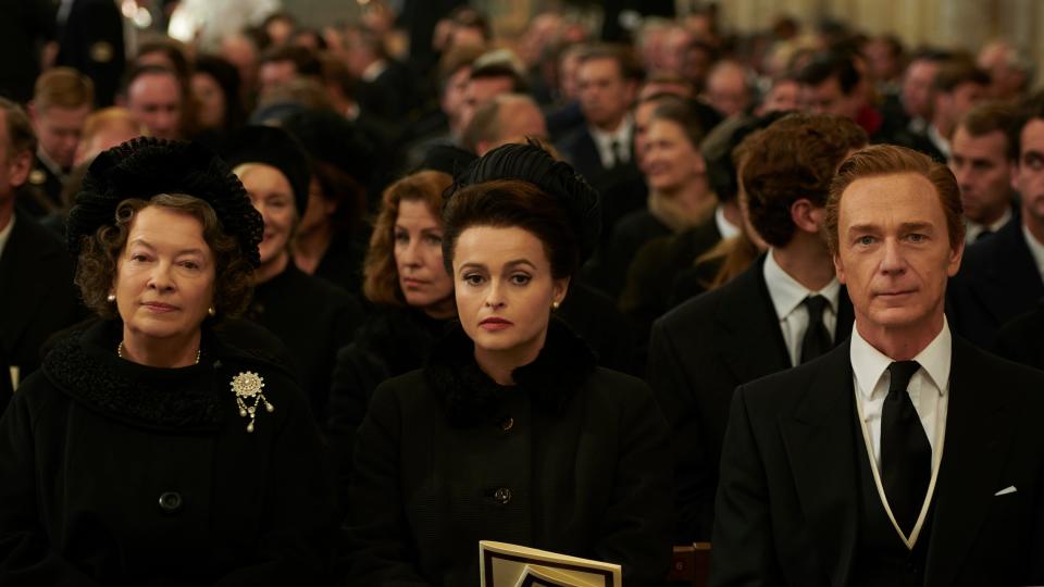 Marion Bailey as the Queen Mother, Helena Bonham Carter as Princess Margaret and Ben Daniels as Antony Armstrong-Jones in "The Crown."