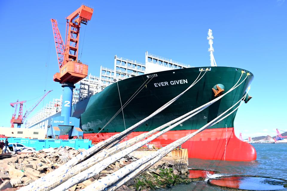 QINGDAO, CHINA - NOVEMBER 11, 2021 - The restored Ever Given is docked at a shipyard in The West Coast New Area of Qingdao, East China&#39;s Shandong Province, Nov 11, 2021. (Photo credit should read Yu Fangping / Costfoto/Barcroft Media via Getty Images)