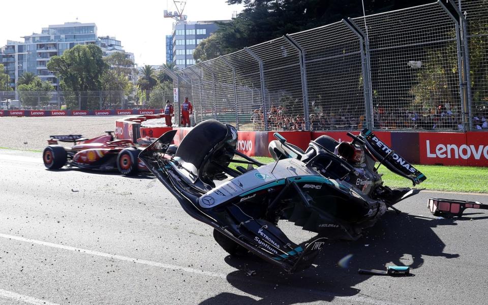 The car of George Russell of Mercedes is seen on track after he crashed