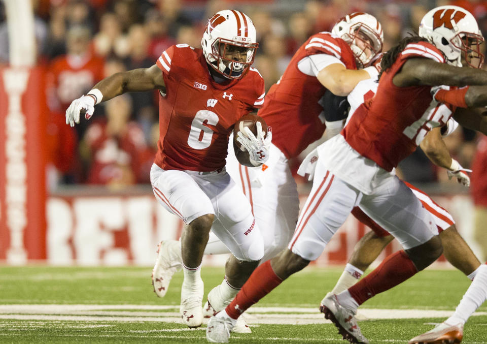 Oct 29, 2016; Madison, WI, USA; Wisconsin Badgers running back Corey Clement (6) rushes with the football during the fourth quarter against the Nebraska Cornhuskers at Camp Randall Stadium. Wisconsin won 23-17. Mandatory Credit: Jeff Hanisch-USA TODAY Sports